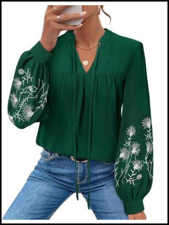 Tops - Floral Embroidered Boho Peasant Blouse Long Sleeve V-Neck